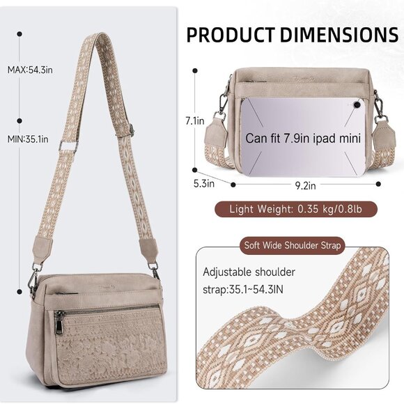 Trendy Vegan Leather Crossbody Bag with Embossed Flower Design, Multi Pocket, Li - Picture 4 of 6